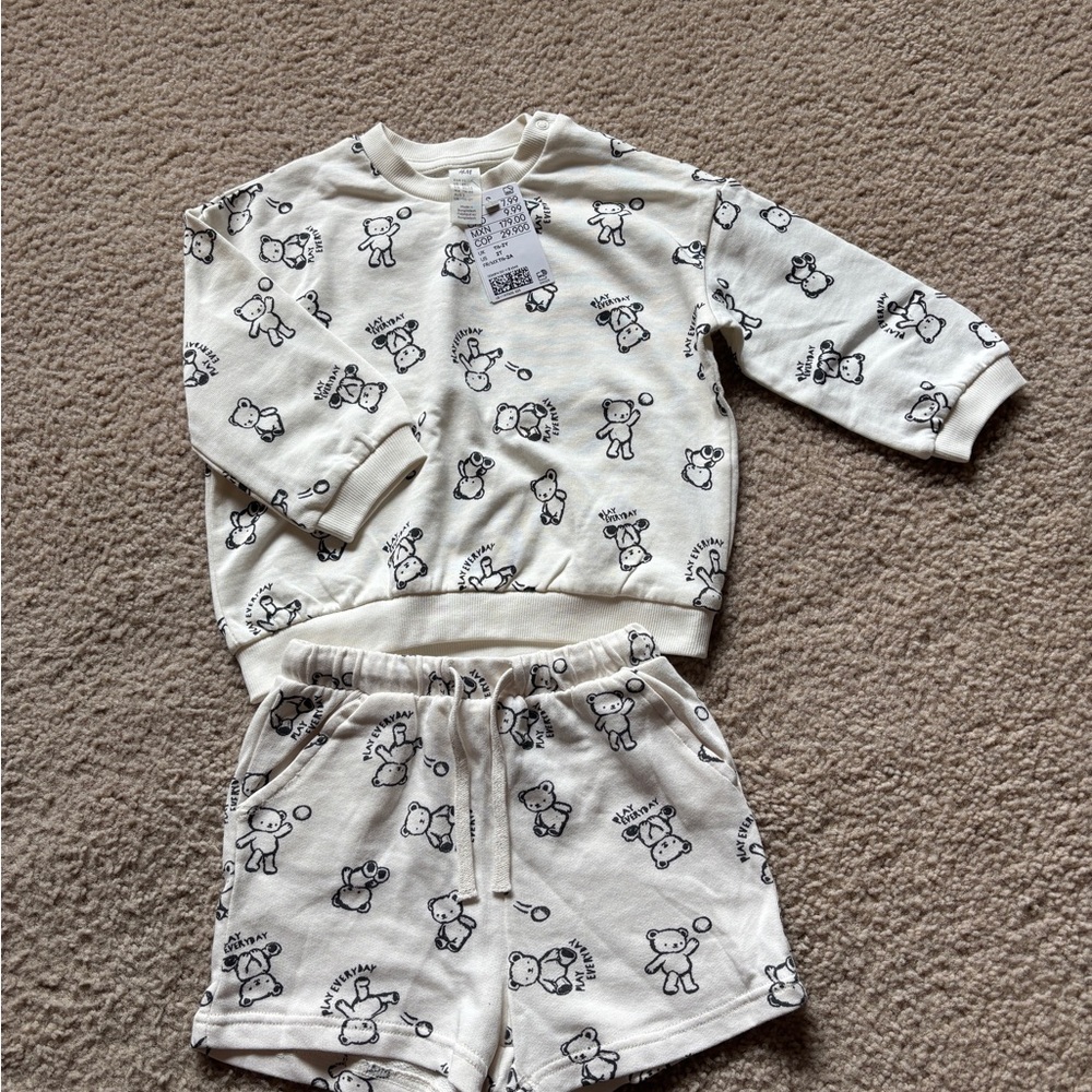 H&M Kids Pajama Set with Bear Print - Cream and Black